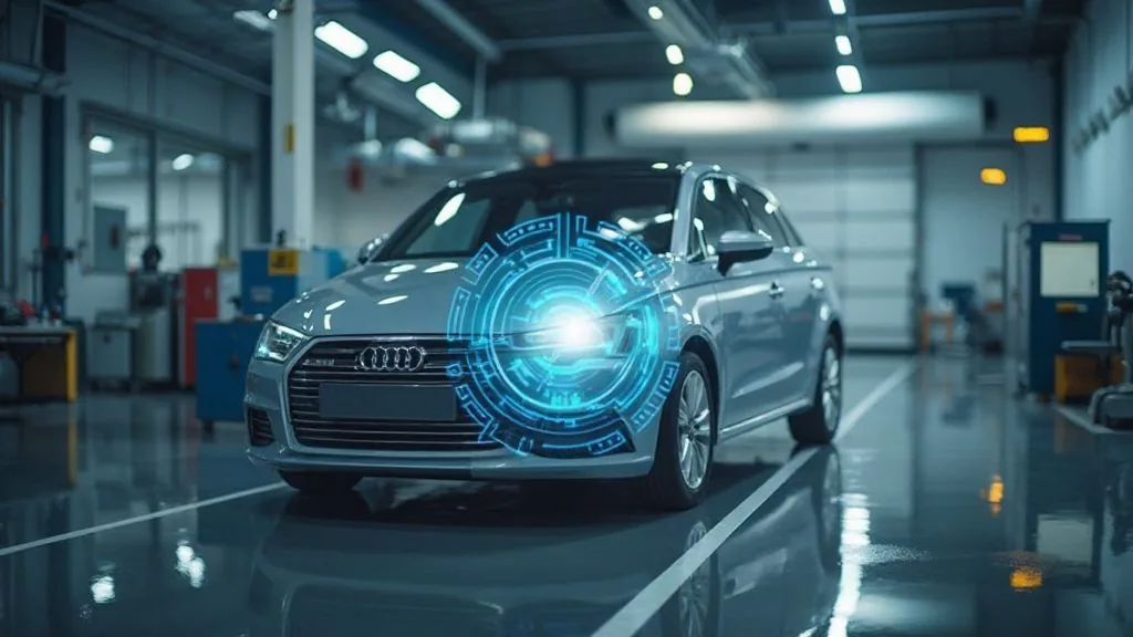 Futuristische Windschutzscheibe mit eingeblendeten Augmented-Reality-Fahrinformationen