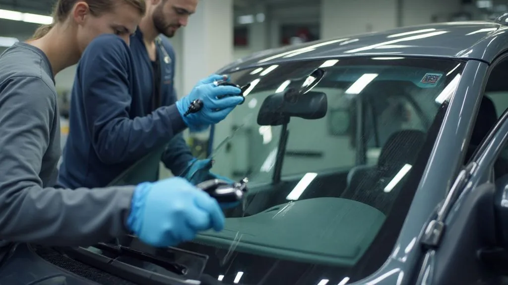 Auto mit Riss in der Windschutzscheibe verlässt eine Portalwaschanlage