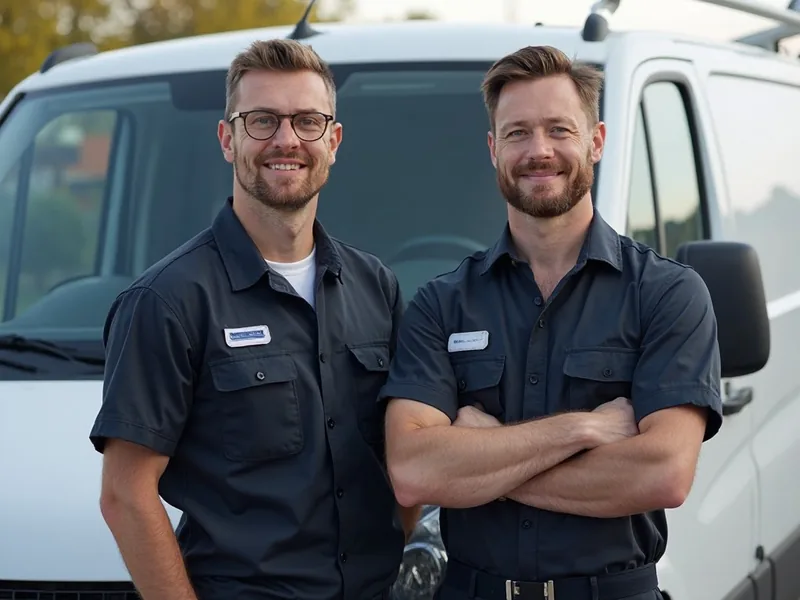 Autoglas-Profis vor einem Servicefahrzeug